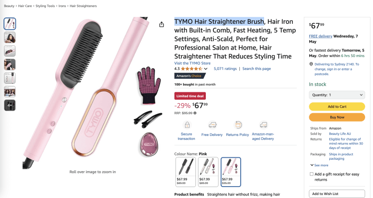 Amazon: TYMO Hair Straightener Brush – 29%, now $67.99